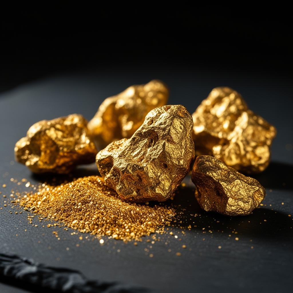 Raw gold nuggets and gold dust